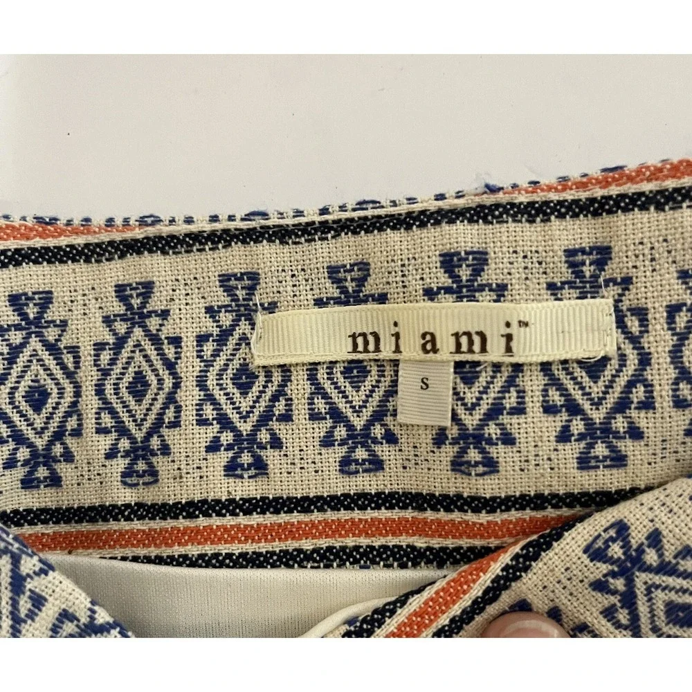 Miami | Mini Skirt Woven Cotton Aztec Print Cream Blue Orange, Lined, Size Small